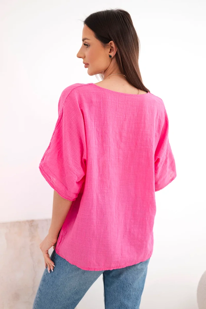 Women's oversized cotton blouse with short sleeves pink