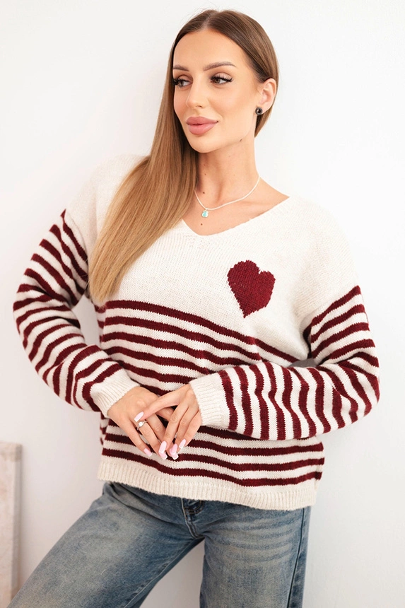Women's striped sweater with a heart, made of mohair and featuring a V-neck, burgundy