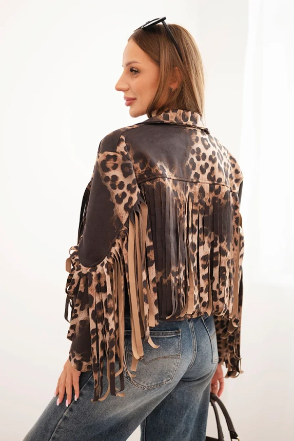 Women's suede jacket with leopard print and fringes black