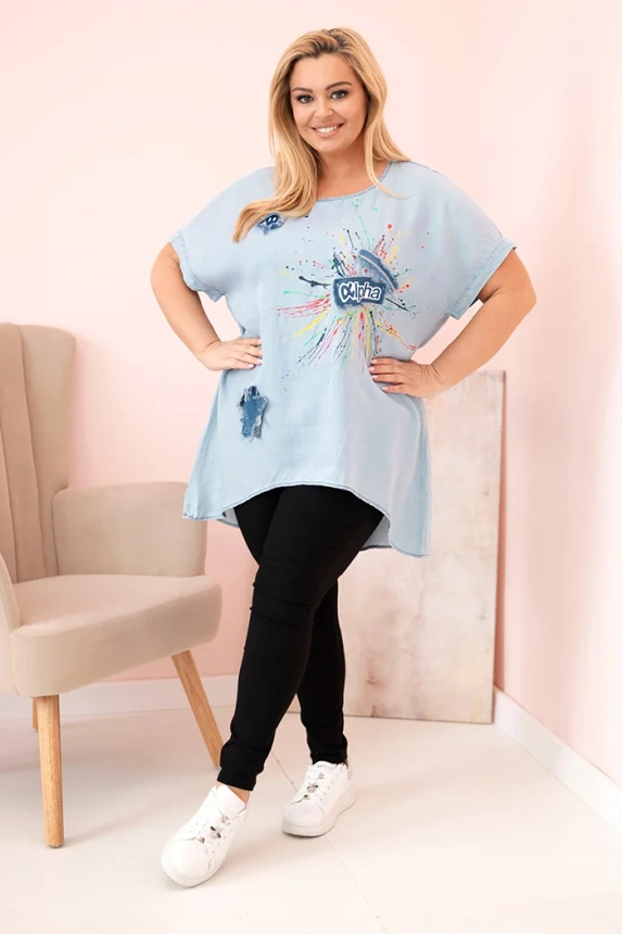 Dámská halenka Plus Size s nášivkami světlý denim