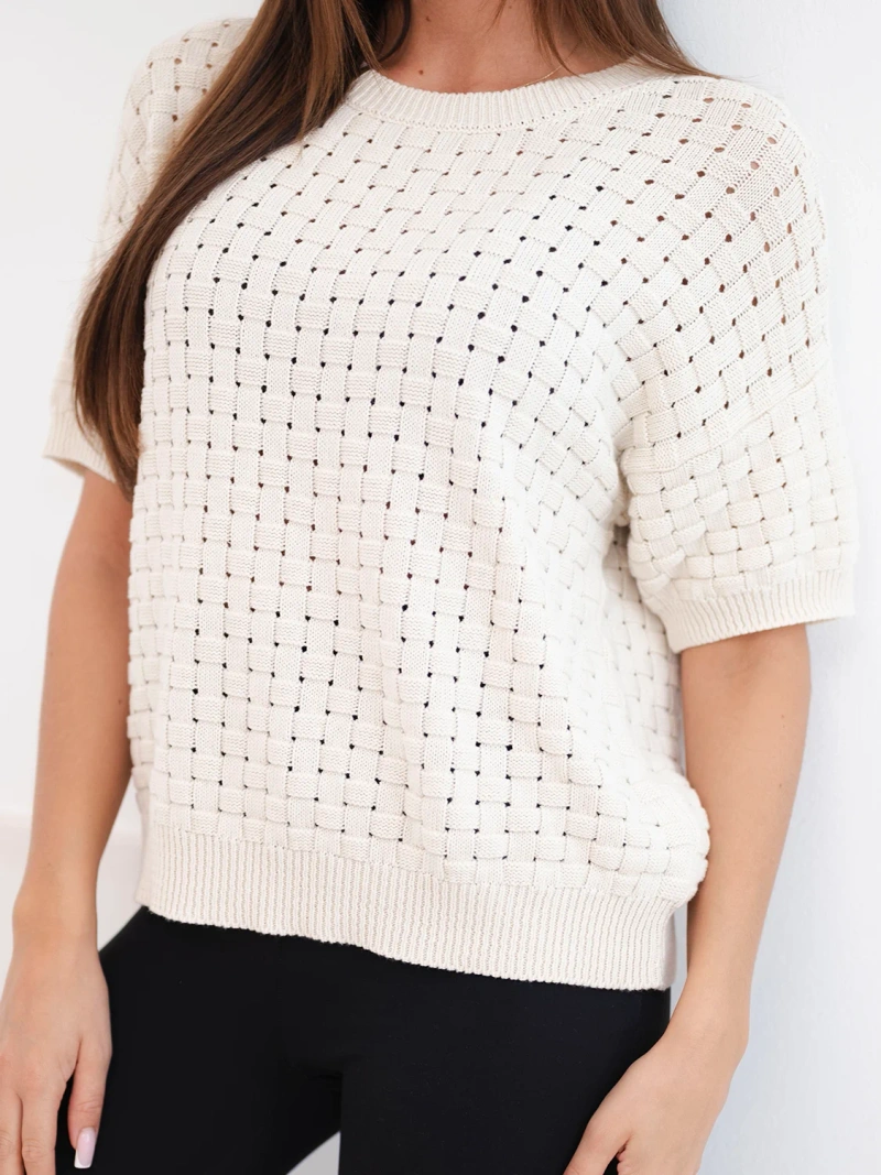 Damenpullover aus Baumwolle, mit kurzem Arm, ajour, beige