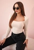 Women's long-sleeved bodysuit blouse with ruffles at the neckline beige