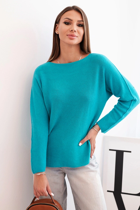 Sweterek damska z wiskozy z długim rękawem i okrągłym dekoltem jasny morski