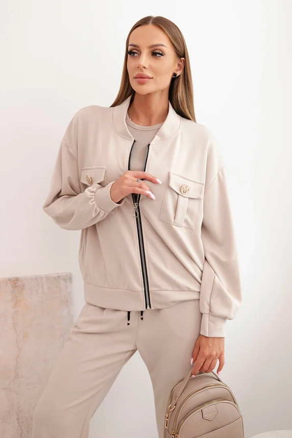 Damen-Set aus Viskose mit offener Jacke und Hose beige