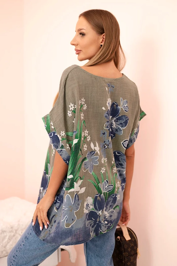 Damenbluse aus Baumwolle mit floralem Druck und kurzen Ärmeln khaki