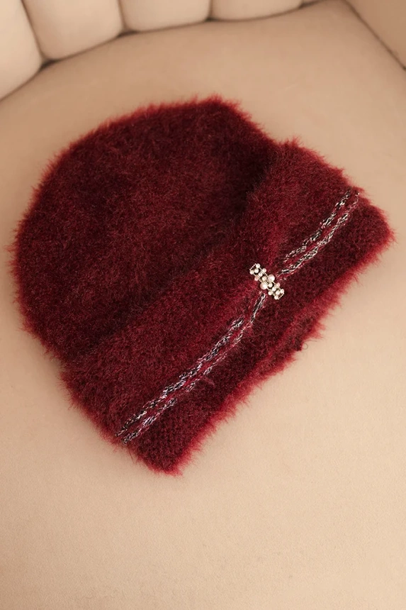 Women's winter fluffy hat with pearls and decorative weave burgundy