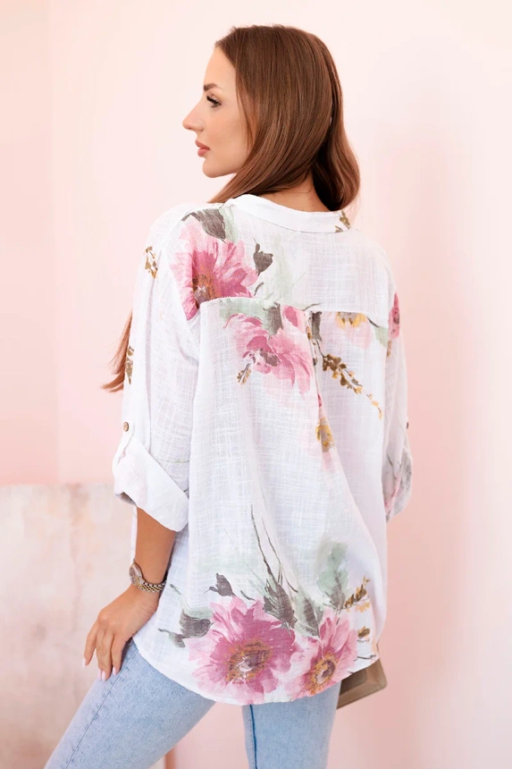 Women's cotton blouse with a floral pattern and buttons - white