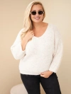 Dámsky sveter Plus Size s véčkovým výstrihom a širokým rukávom béžový