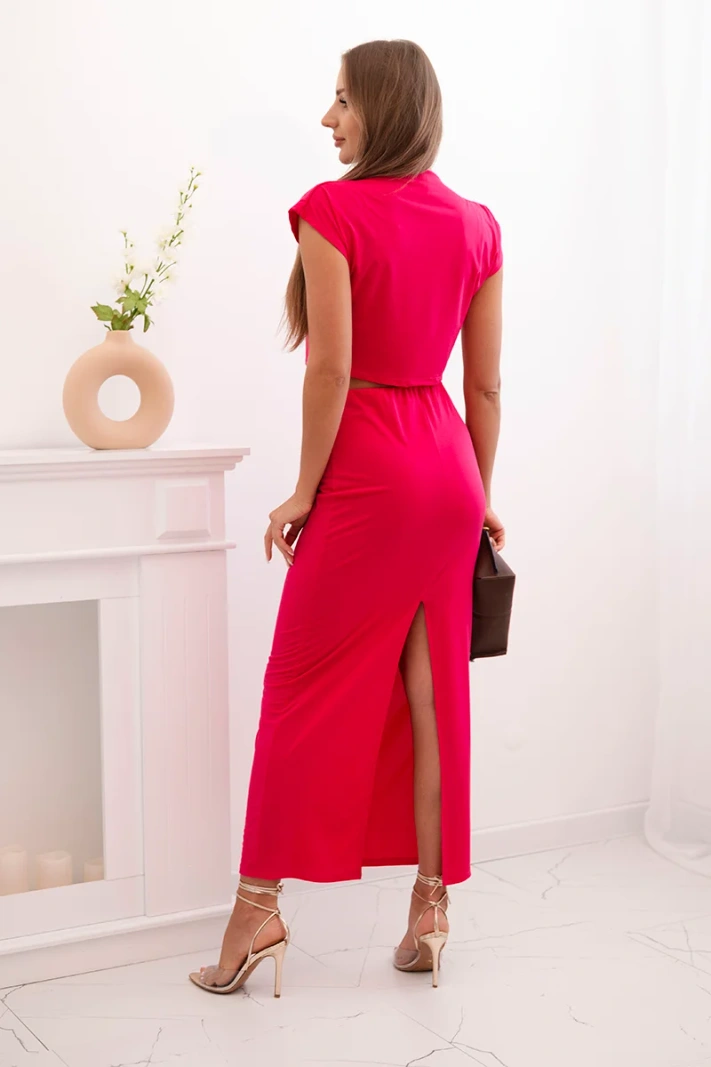 Women's set with a blouse featuring a decorative buckle and a fitted skirt - fuchsia