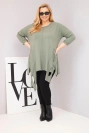 Dámská bavlněná blůza Plus Size s asymetrickým spodním lemem a výřezy khaki