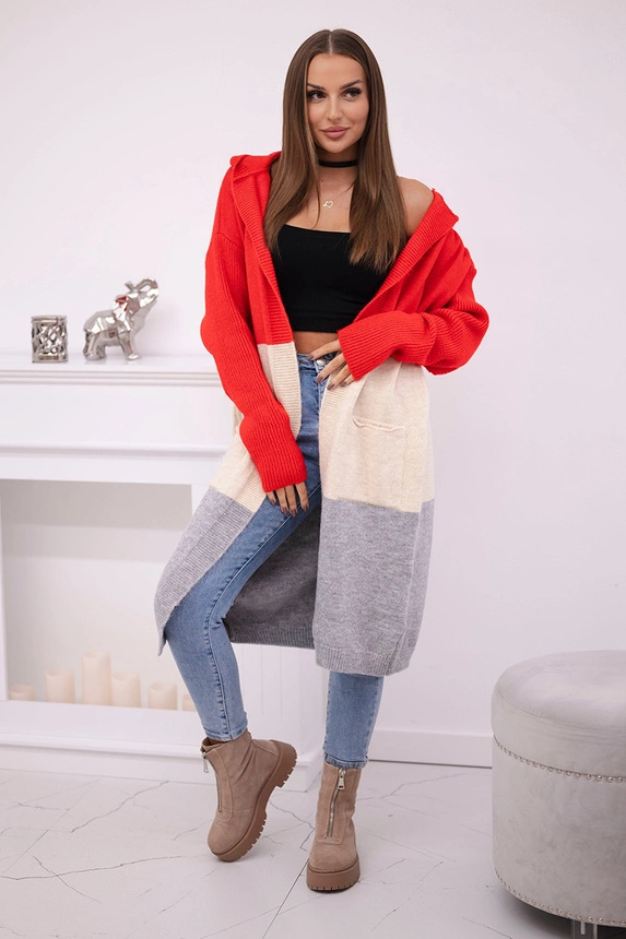 Striped hooded cardigan sweater red + beige + grey