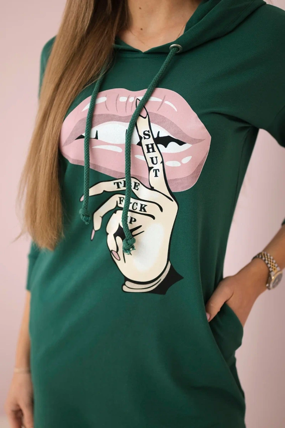 Dress with longer back and colorful print dark green