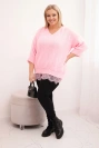 Women's set with a V-neck sweater and a viscose blouse with a lace bottom candy pink