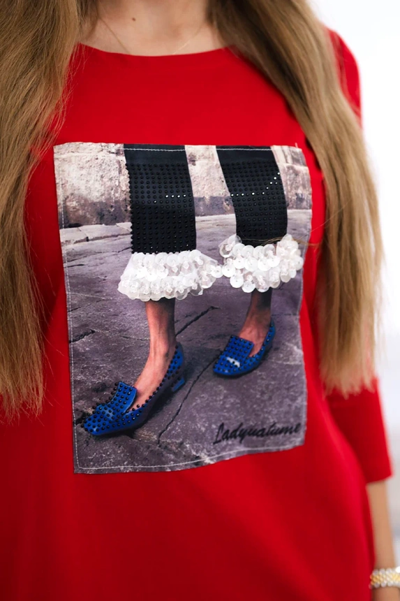 Sukienka z grafiką 3D z cyrkoniami czerwona