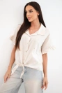 Moteriški medvilniniai marškiniai surišami su gėlių siuvinėjimu smėlio spalvos