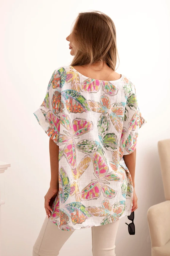 Women's cotton blouse with butterfly motif short sleeve white