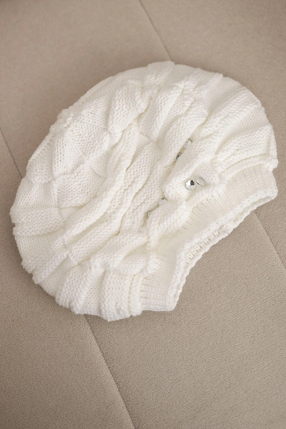 Women's winter hat with decorative weave and crystals K398 white