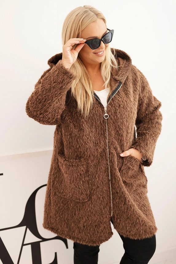 Moteriškas paltas Plus Size iš viskozės su užtrauktuku ir gobtuvu rudas
