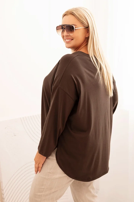 Women's Plus Size blouse with cotton, pocket, and rolled-up sleeve brown