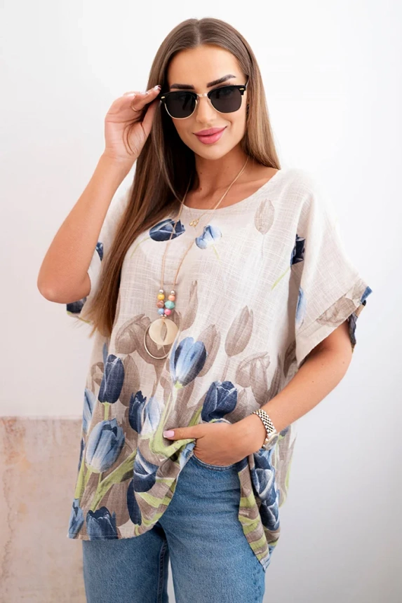 Women's cotton shirt with a floral pattern beige