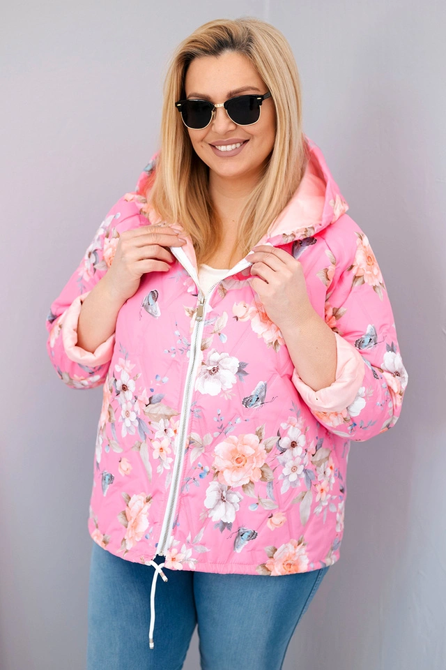 Plus Size women's spring quilted jacket with a hood and floral pattern light pink