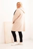 Plus Size women's coat made of faux sheepskin with a hood and pockets beige