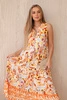 Viscose dress with a floral motif and a tied neckline orange