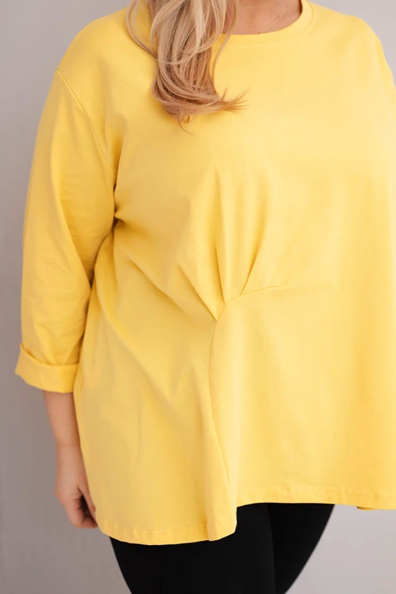 Plus size women's blouse with cotton, long sleeves and gathering yellow