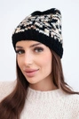 Damenmütze aus Wolle Winter mit norwegischem Muster K354 schwarz+beige