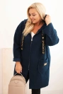 Dámský kabát Plus Size z umělého beránka s kapucí a kapsami modrý