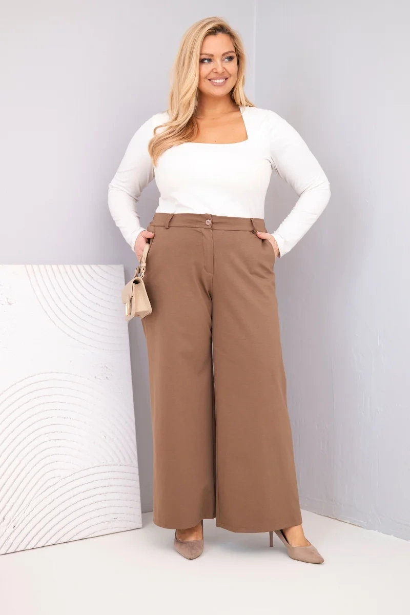 Spodnie damskie Plus Size z szeroką nogawką i wysokim stanem jasne camelowe