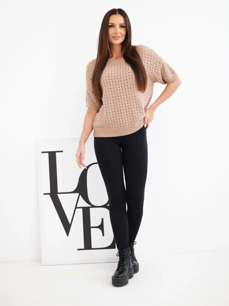Damen Baumwollpullover kurzärmelig mit Lochmuster camelowy