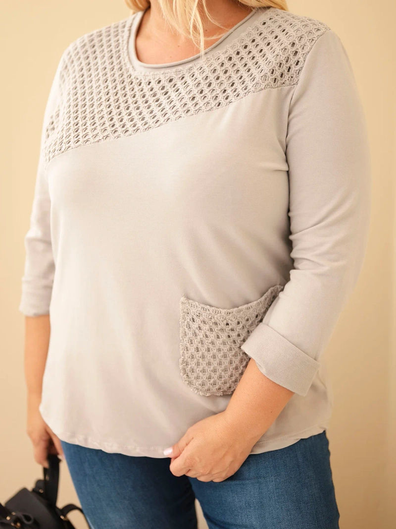 Damen Baumwollpullover Plus Size mit Spitzeneinlage und Tasche fango