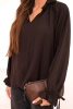 Women's viscose blouse with a V-neck and ties at the sleeves brown