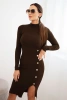Women's ribbed dress with a turtleneck and decorative buttons brown