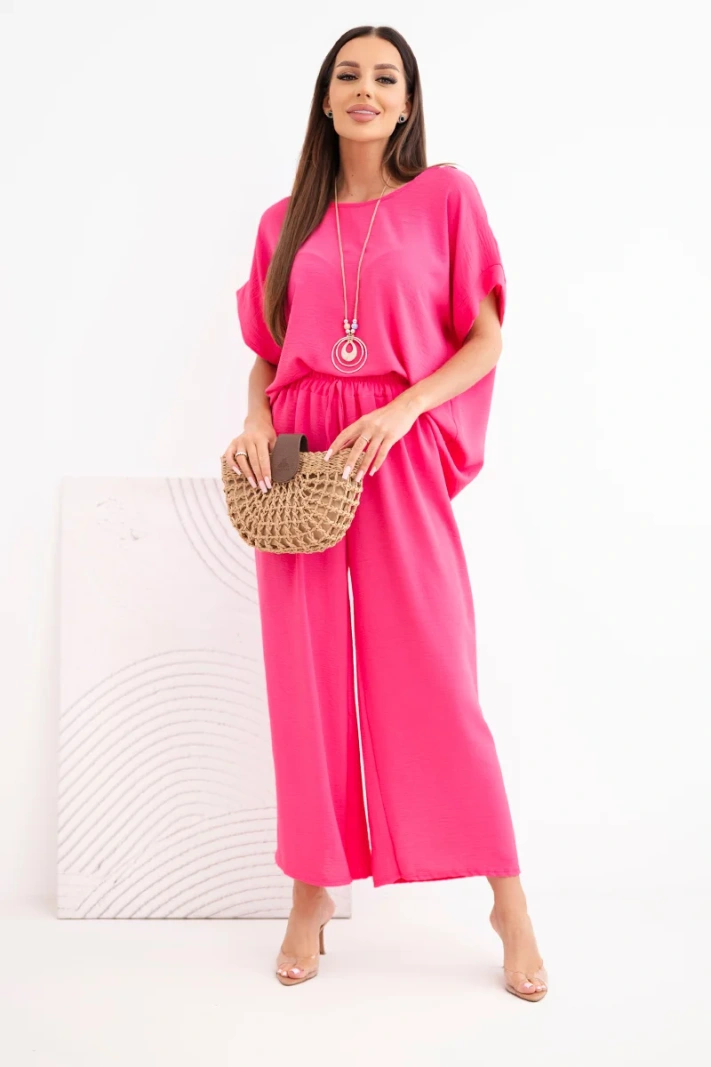Women's viscose set short-sleeve blouse and wide-leg trousers pink