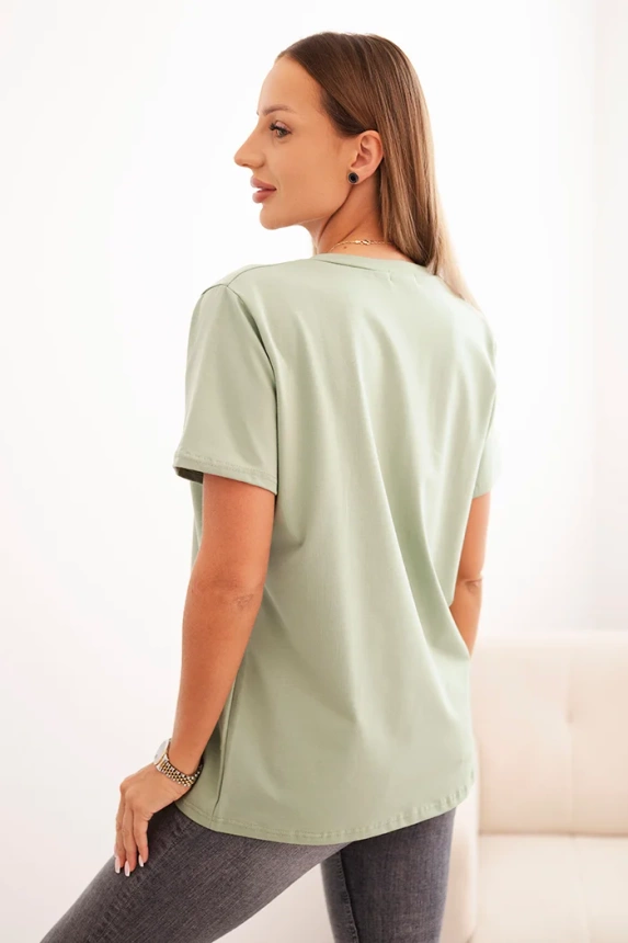Women's cotton blouse with a V-neck and short sleeves dark mint
