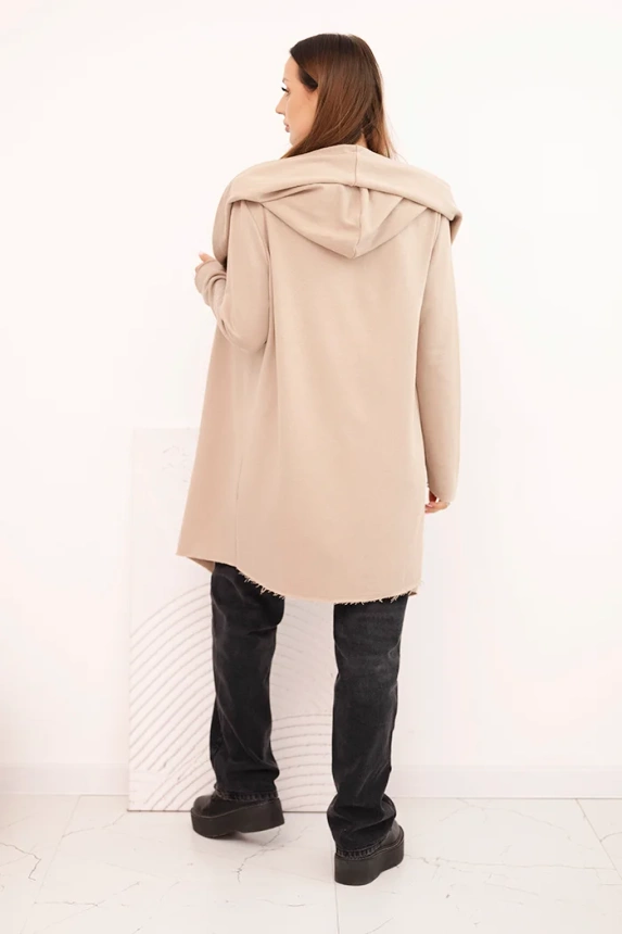 Women's cotton hooded cardigan with an elongated front beige