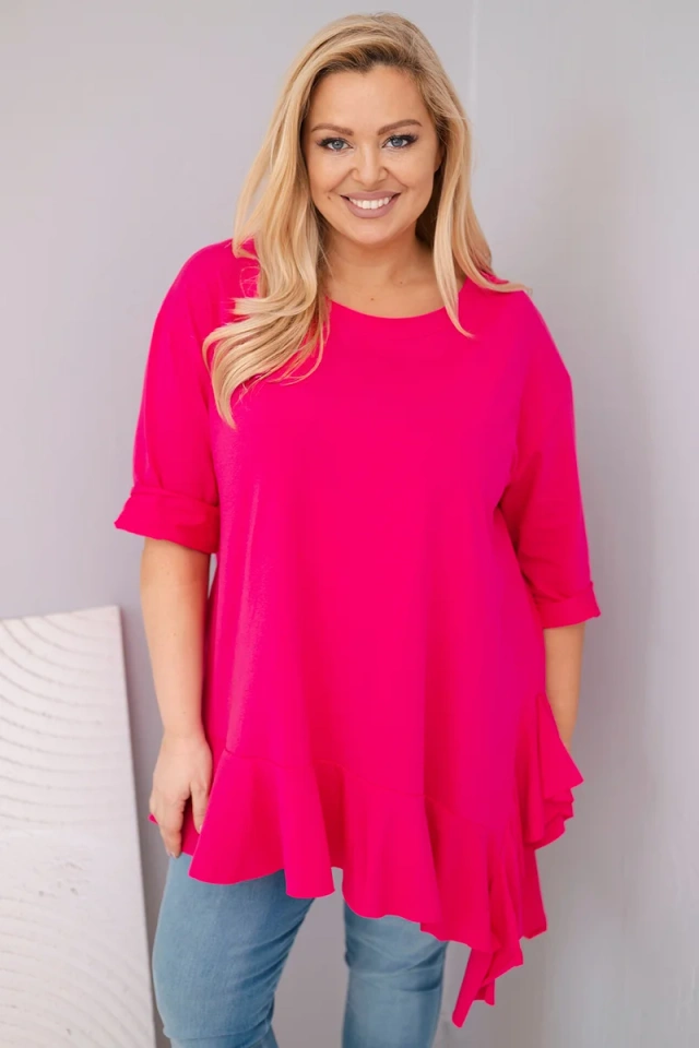 Moteriška Plus Size marškinėliai su medvilne, raukšlėmis ir sukamu rankovėmis fuksija