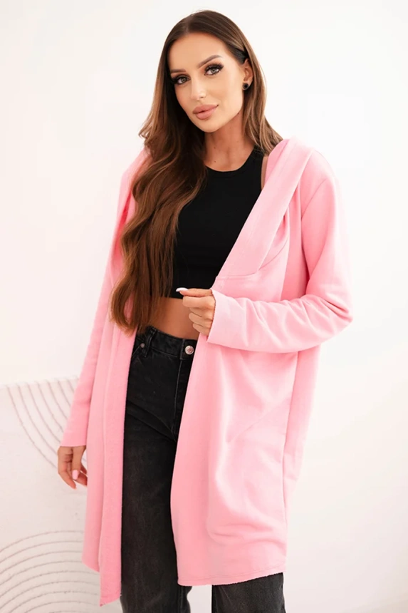 Women's cotton hooded cardigan with an extended front light pink