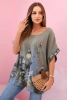 Women's cotton shirt with butterflies and flowers khaki