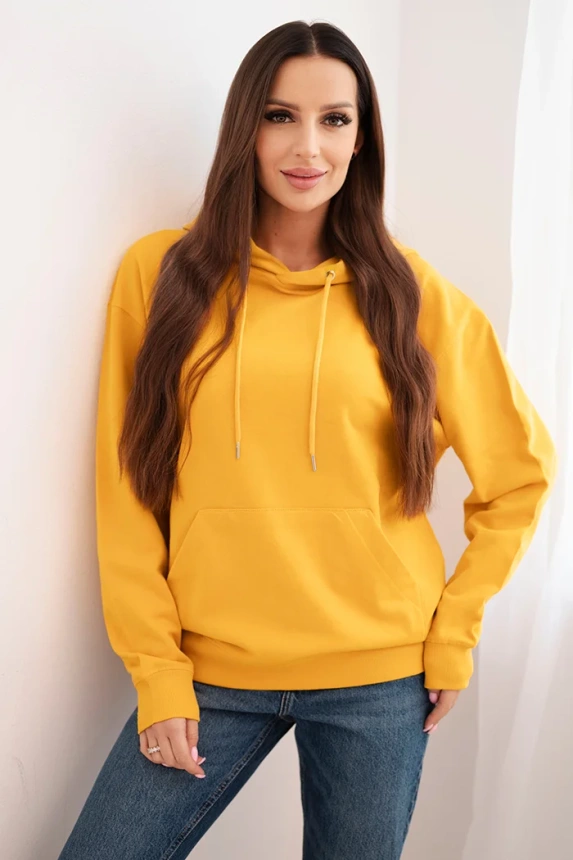 Women's cotton looped hoodie with kangaroo pocket mustard