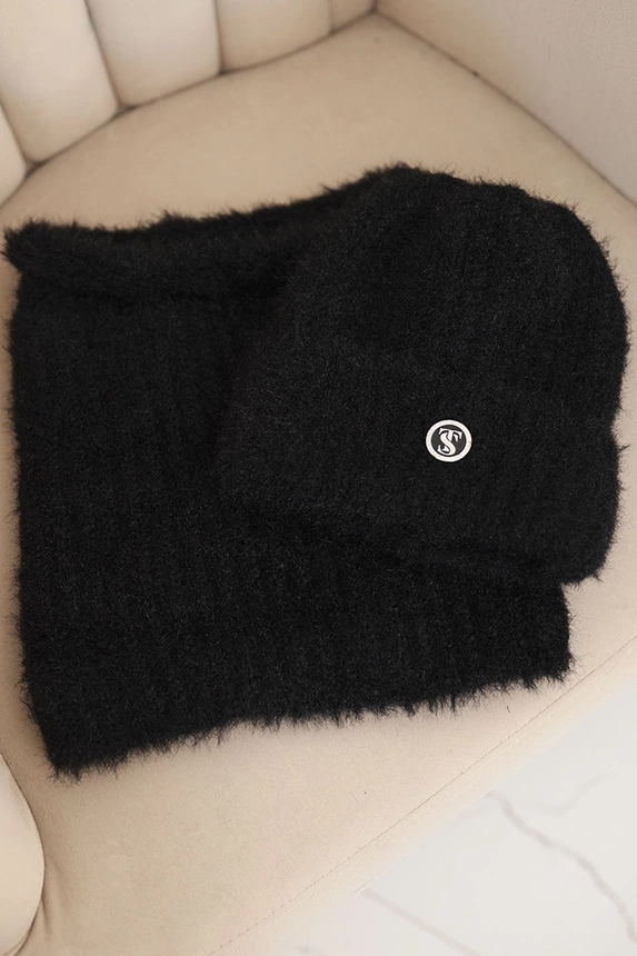 Women's set hat and winter fluffy scarf with decorative emblem black