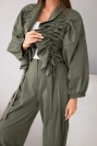 Women's cotton set with ruched sweatshirt and pants khaki