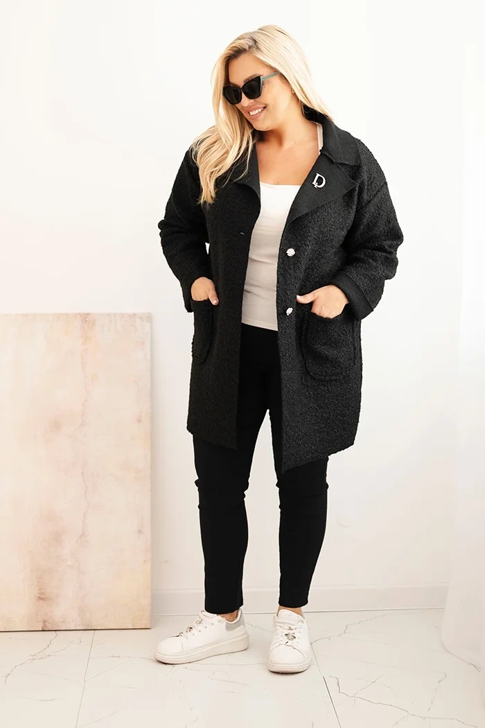 Dámský kabát Plus Size beránek s vlnou a kapsami černý
