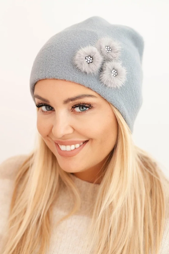 Women's hat with decorative fur flowers elegant gray