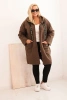 Plus Size women's coat made of faux shearling with a hood and pockets brown