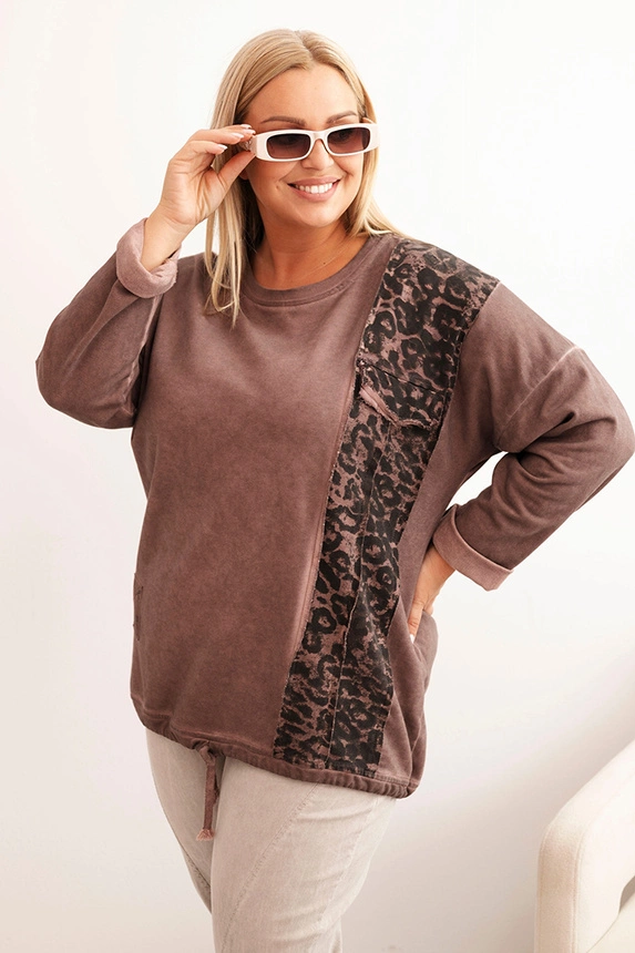 Damenpullover Plus Size aus Baumwolle mit Leopardenstreifen und Kordelzug braun
