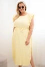 Plus-size women's pleated viscose dress with tie yellow