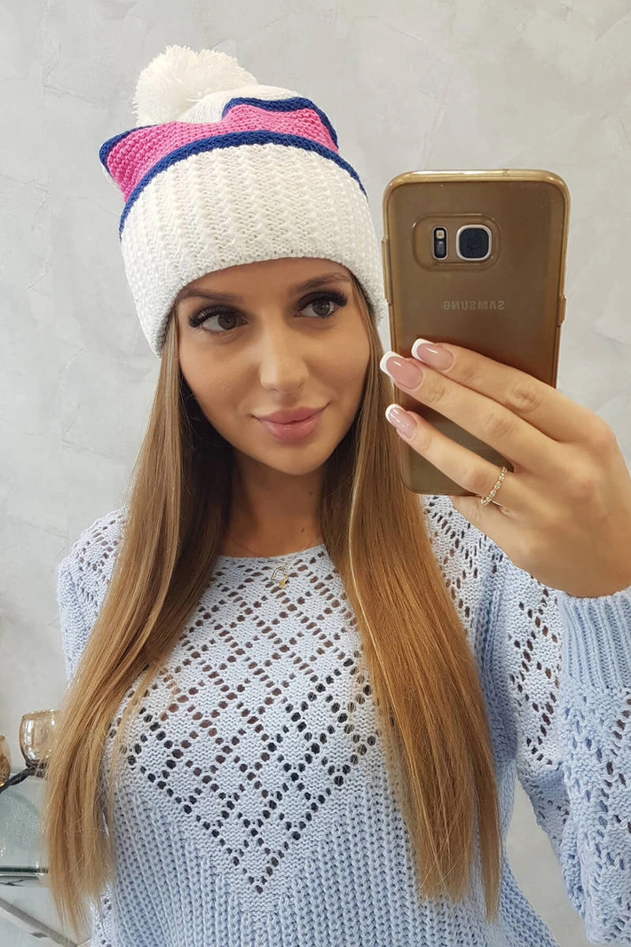Kinga Damenmütze K297 weiß+kräuseln+hellrosa
